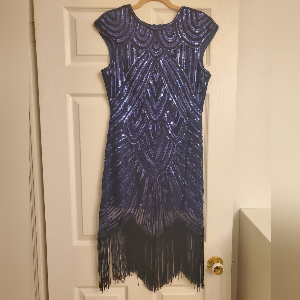Glamorous Navy Blue Sequin Fringe Flapper Dress